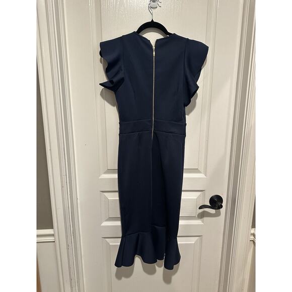 Elegant Navy Blue Ruffle Hem Sheath Dress by Venus XS - Picture 9 of 15